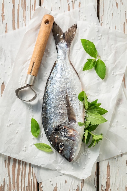 Seasoning fresh fish with salt and herbs for grill