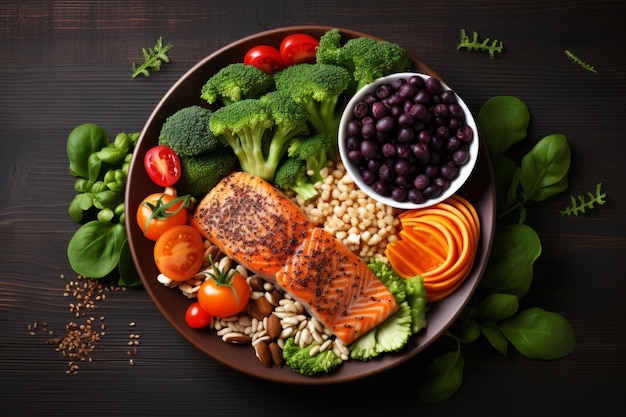 Photo seasonings vegetables fruits and foods on dark background view from above generative ai