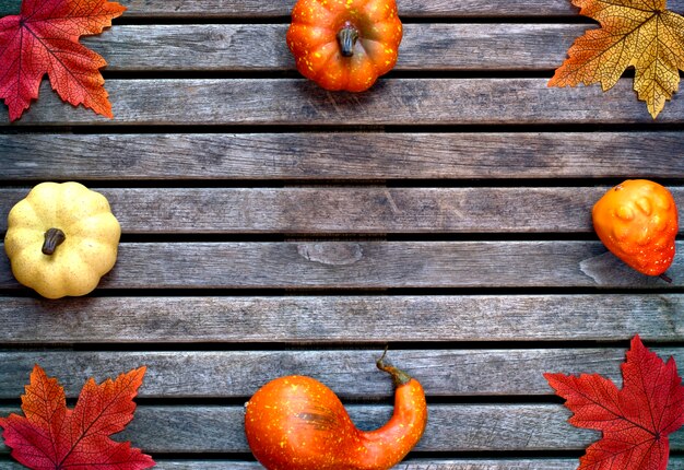 Seasons, background and texture concept- autumn colorful leaves on a wooden background.