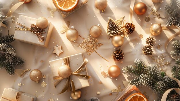 Photo seasons greetings overhead shot of holiday gift boxes opulent gold and orange orname generative ai