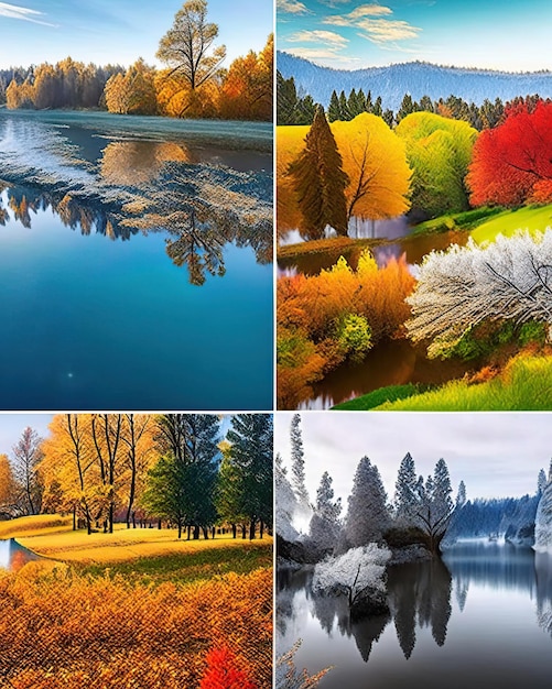 Seasons of the year in the same place change of weather river landscape tree