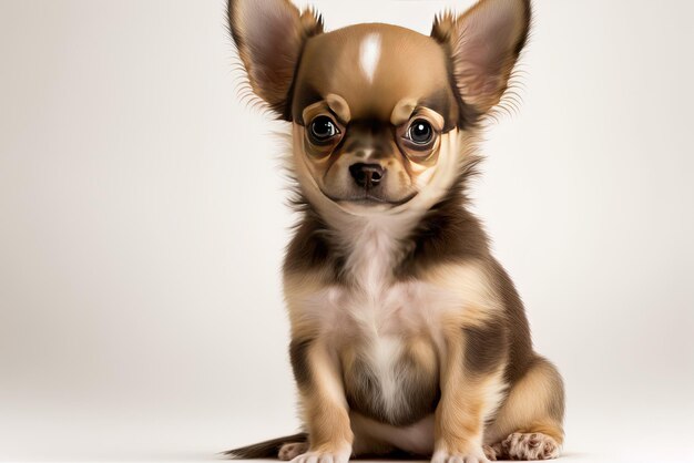 seated chihuahua puppy 4 months old against white backdrop