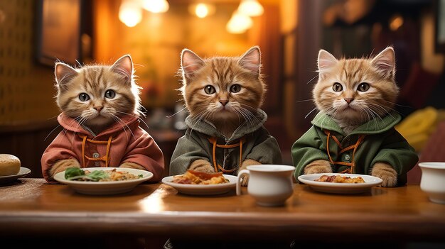 Seated at the dining table are three kittens eating Generative AI