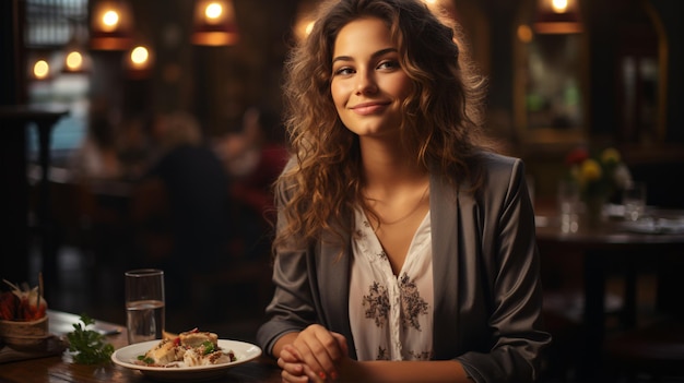 Seated in a luxurious restaurant a delightful young woman savors her lunch or dinner with obvious pleasure