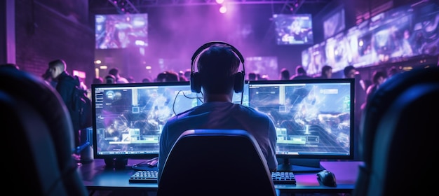 a seated person at a gaming convention posing on screens