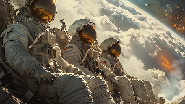 Foto seduti insieme in tute spaziali contro uno sfondo terrestre un gruppo di astronauti sono catturati in un momento di compagnia.