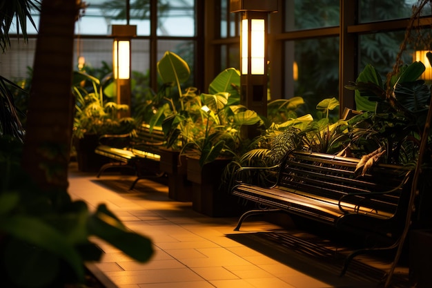 Seating area with empty benches plants and soft lighting