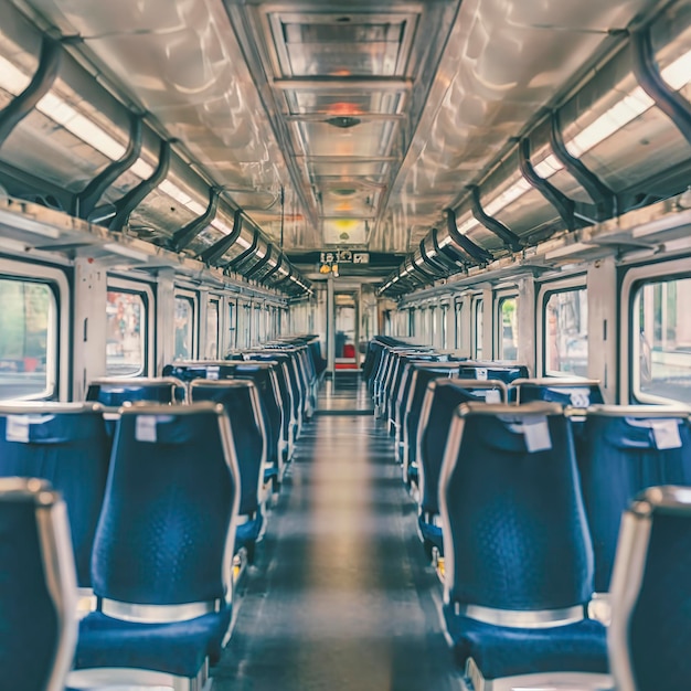 seating in an empty train car selective focus Train departing from station travel