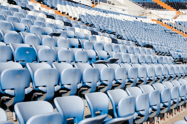 Seats of a football stadium on a bright sunny day. World Cup Champion