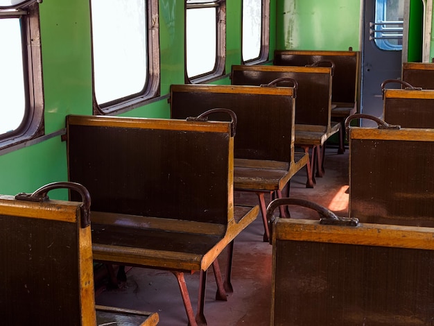 Seats inside an old train carriage