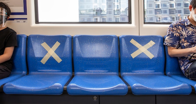 Seats in the train with social distance signs