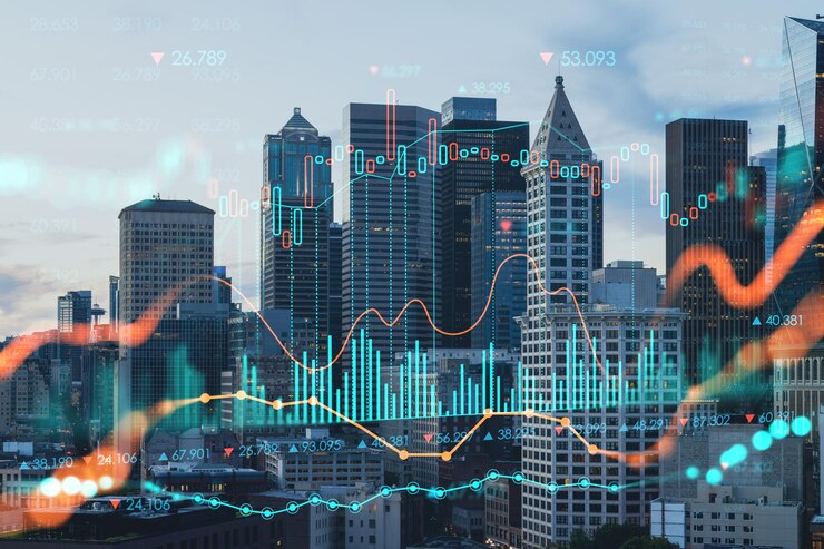 Photo seattle aerial skyline panorama of downtown at day time washington usa forex graph hologram the concept of internet trading brokerage and fundamental analysis