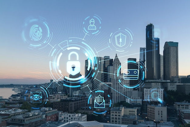 Seattle aerial skyline panorama of downtown skyscrapers at sunset Washington USA The concept of cyber security to protect confidential information padlock hologram