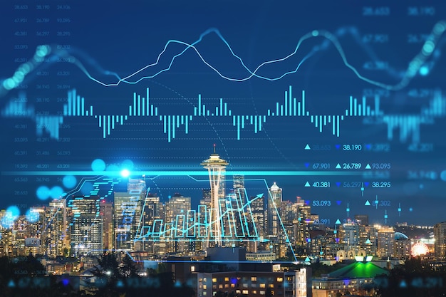 Photo seattle skyline panorama from kerry park skyscrapers of financial downtown at night washington usa forex candlestick graph hologram the concept of internet trading brokerage analysis