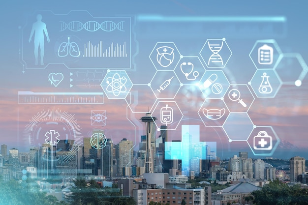 Seattle skyline panorama vanuit Kerry Park Wolkenkrabbers van het financiële centrum bij zonsondergang Washington USA Gezondheidszorg digitale geneeskunde hologram Het concept van behandeling en ziektepreventie