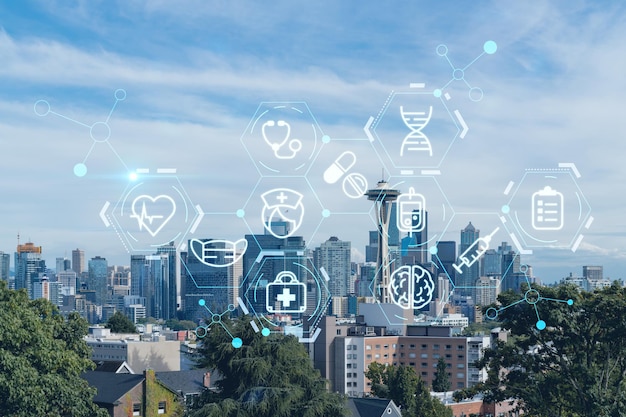 Seattle skyline panorama vanuit Kerry Park Wolkenkrabbers van het financiële centrum overdag Washington USA Gezondheidszorg digitale geneeskunde hologram Het concept van behandeling en ziektepreventie