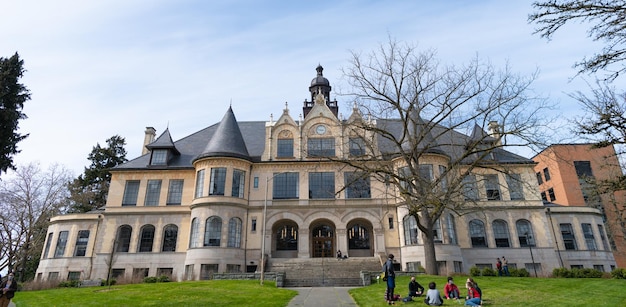 Seattle Washington USA April 2 2021 building called Danny hall with clock at the university