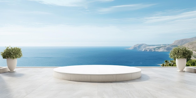 Seaview backdrop complements elegant white marble podium