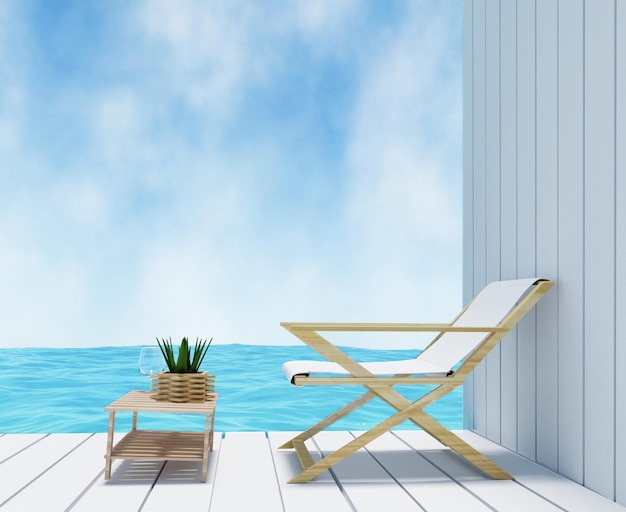 seaview in white room interior design in 3D rendering