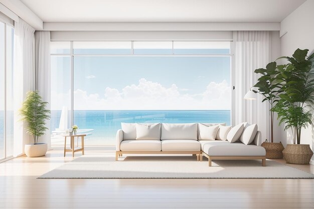 Seaview in white room interior design in 3d rendering