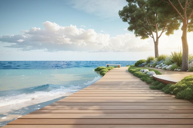 Seaview with wood path in 3d render image