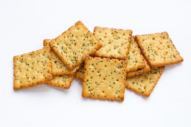 Seaweed crackers on white background.