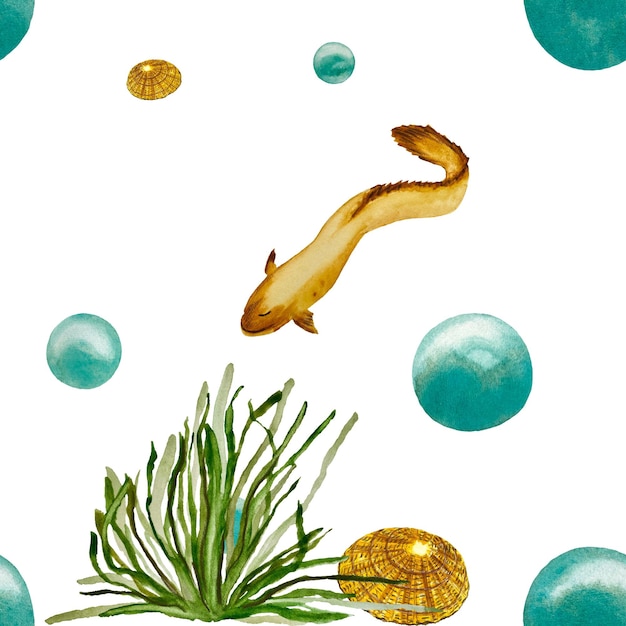 Seaweed eel bubbles shell sketch. A watercolor isolated illustration. Hand drawn. On white back.