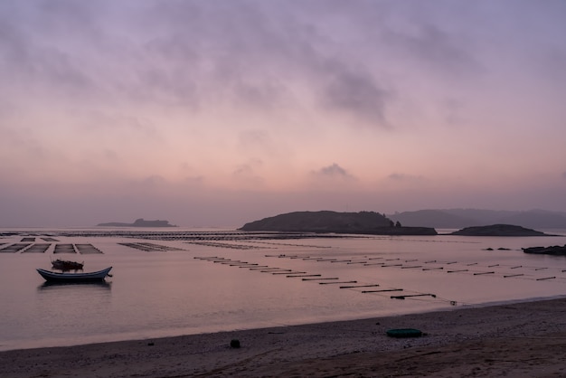 朝日が昇る前の海藻養殖場には、海藻の列とボートがあります