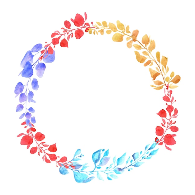 Seaweed wreath . Blue, red and orange waterplants. Watercolor illustration.