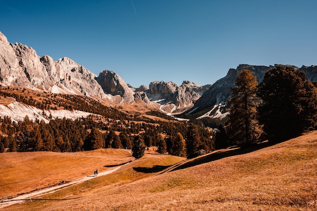 Seceda 고산 붉은 가을 자연의 장엄한 풍경 Seceda 백운석의 멋진 하이킹 자연 풍경 Dolomites의 목조 샬레 Odle 산맥 Val Gardena 장엄한 Furchetta 피크