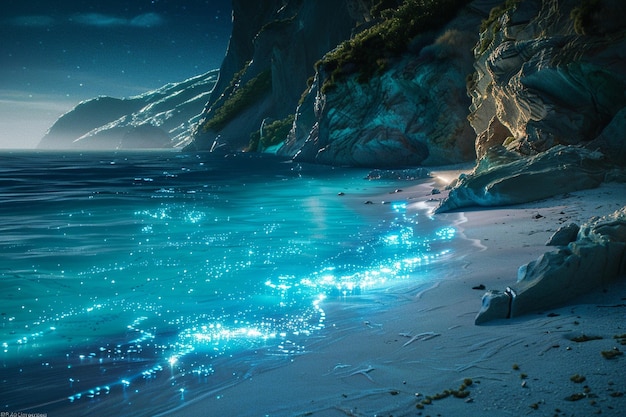 Photo a secluded beach with glowing plankton in the wate