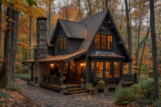 A secluded cabin nestled in the woods during the fall season