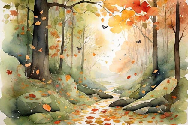 孤立した森の光景 秋の朝の水彩画