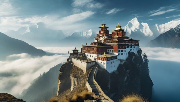 A secluded monastery in the Himalayas perched above the clouds