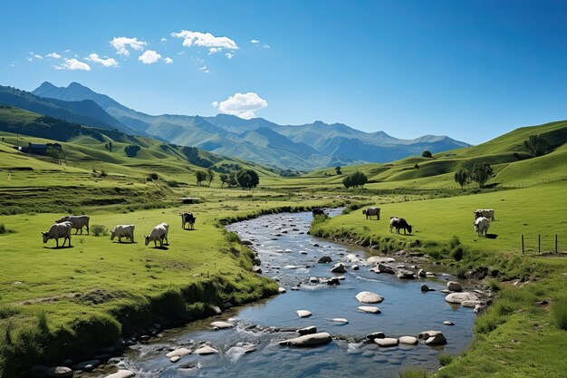 Photo secluded organic meadow where cows graze amidst pristine nature free from the use of chemicals and pesticides generative ai