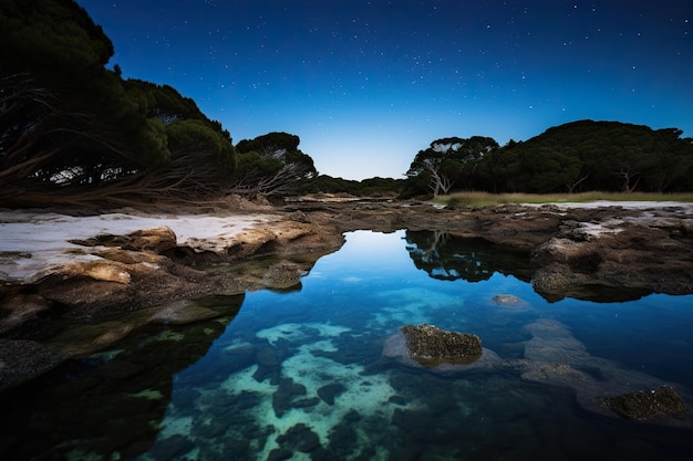 Photo secluded tidal pool reflecting a galaxy of stars at night