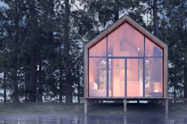 Foto piccola casa isolata sulla riva sabbiosa di un lago con nebbia in una foresta di conifere in fredda illuminazione nuvolosa con luce calda dalle finestre. illustrazione 3d di riserva