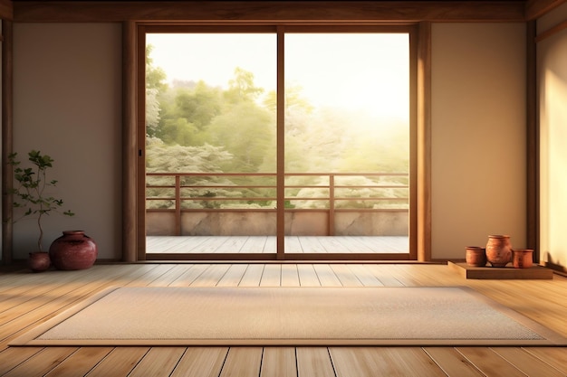 Secluded vacant traditional Japanesestyle room with tatami flooring Generative Ai