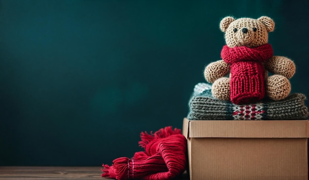 Second hand clothes and a teddy bear in box Concept of help support AI Generativ