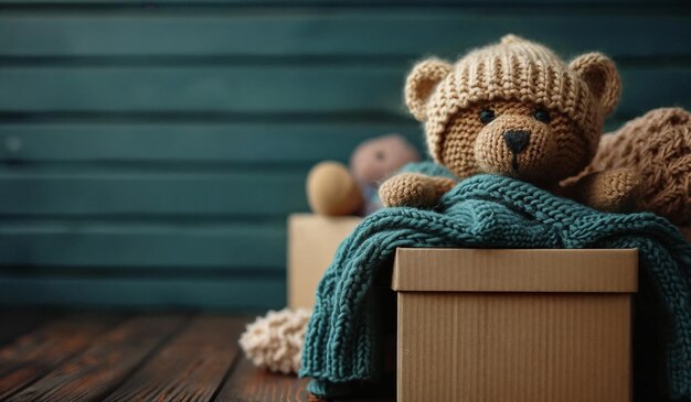 Photo second hand clothes and a teddy bear in a box concept of help support ai generativ