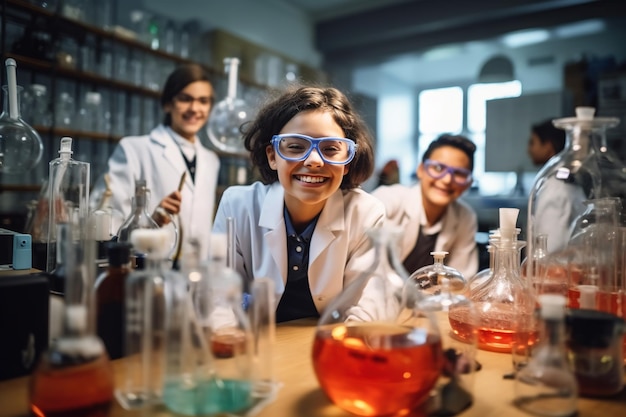 Secondary school students girls and boys kids do experiments in chemistry and look to the camera