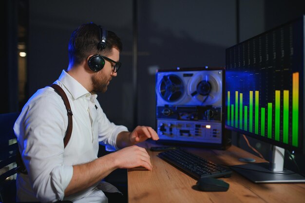 Photo secret agent listens on the reel tape recorder officer wiretapping in headphones