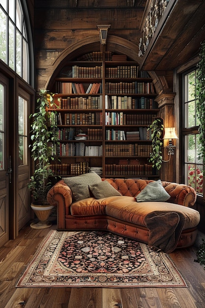 Secret attic reading room hidden behind a bookcased render