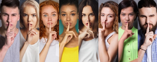 Photo secret. set of diverse male and female portraits put finger on lips, on colorful studio backgrounds. hush sign, keep silence