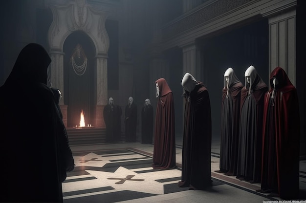 Secret society ceremony Sect members at dark hall Generative AI