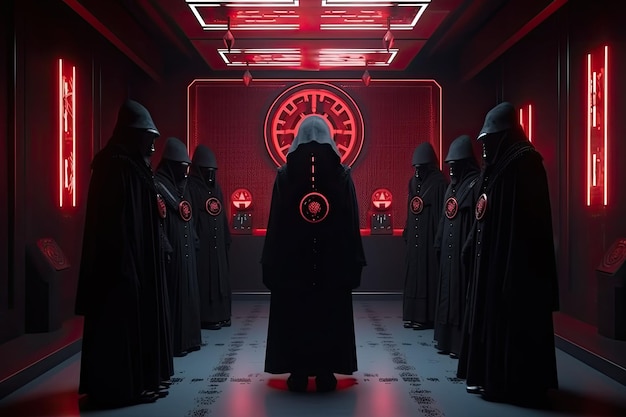 A secret society dressed in robes perform a ceremony in a sinister complex Generative AI