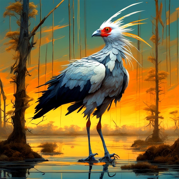 secretary bird stands in the swamp clear sky ivan shishkin victo ngai gregorio catarino cyril rola