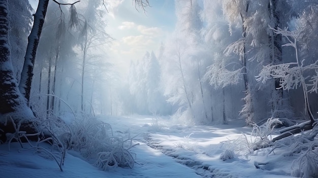 The secrets of the forest is a snowy forest with branches decorated with hoarfrost