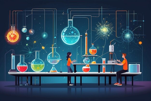 a section of the lab with students conducting experiments on the behavior of subatomic particles vector illustration in flat style