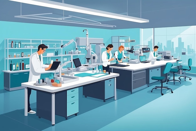 a section of the lab with students designing and testing prototypes for medical devices vector illustration in flat style